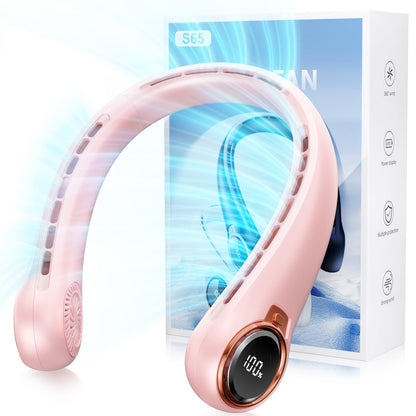 ZHZW Portable Neck Fan with 6000mAh USB - Rechargeable Battery, Ultra-Light Bladeless Neck Fan LED Display, 360° Cooling Wearable Fan, 3 Speeds (Pink)