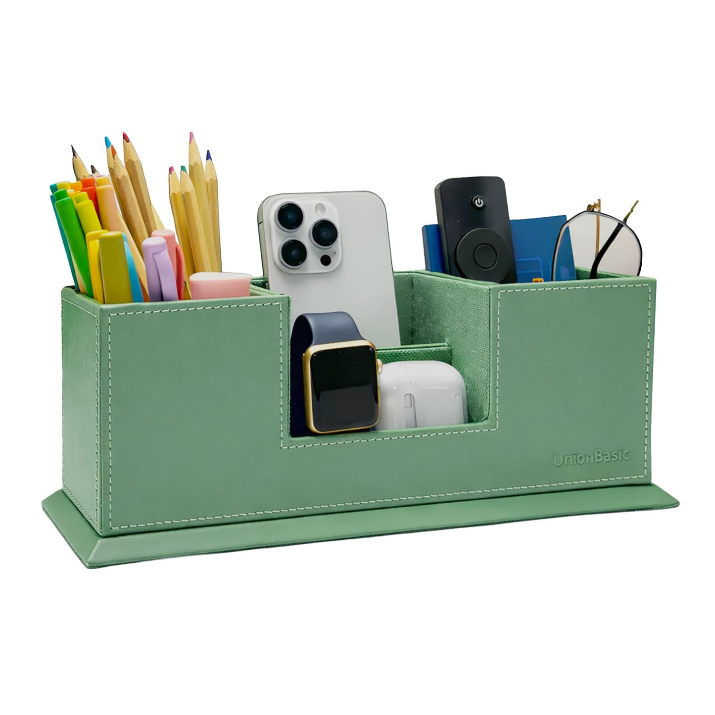 UnionBasic Desk Organizer, Desktop Caddy Leather Multi-compartment Pen Holder Office Stationer Organizer, Malachite Green