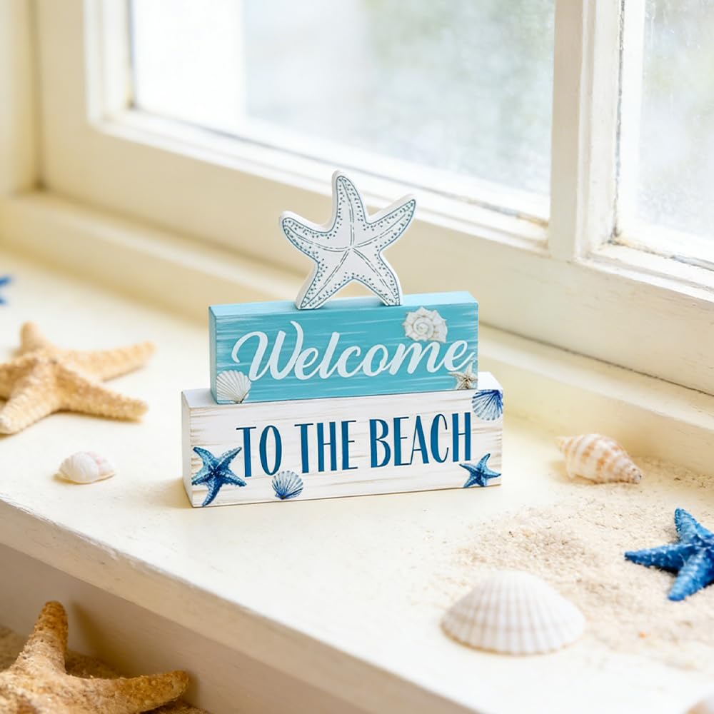 Beach Decorations for Home, MEETYAMOR 3-Layered Starfish Seashell Coastal Wood Block Beach Decor, TO THE BEACH Sign Ocean Decor for the Home, Table, Mantel