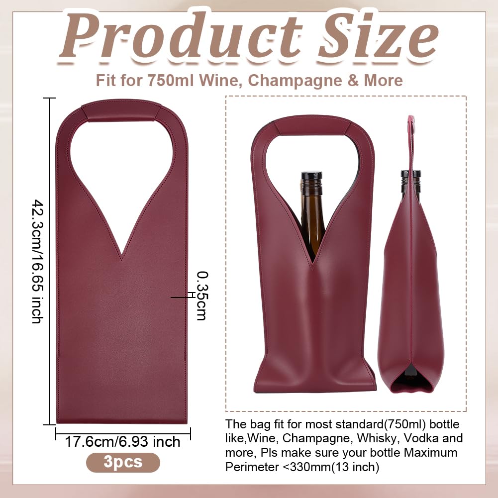 OLYCRAFT 3Pcs Dark Red Wine Tote Bag Reusable Leather Wine Carrier for Universal 750ml Bottle PU Leather Wines Present Bag Single Bottle Champagne Beer Bags for Birthday Wedding Christmas Party