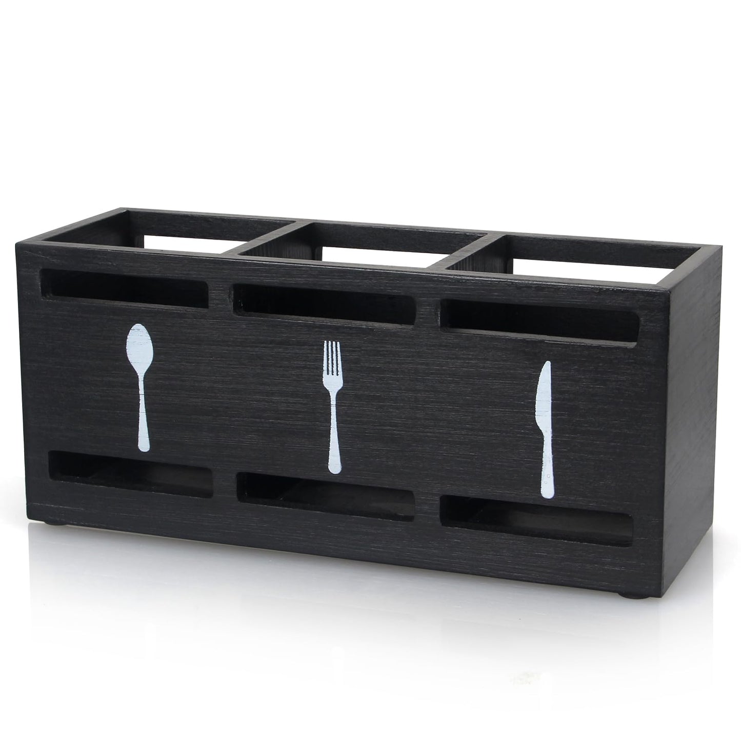Ayiaren Wooden Silverware Caddy Flatware Cutlery Holder Wood Silverware Organizer Containers Small Black Kitchen Utensil Holder for Countertop Spoon and Fork Holder Flatware Utensils Caddy for Party