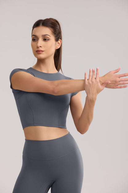 ENERBLOOM Workout Crop Tops for Women Yoga Short Sleeve Mild Support Slim Fit Cropped Athletic Shirts Gym Tee Built in Bra Gray Medium