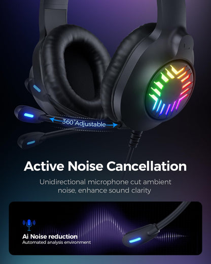 OLANRUN Stereo Gaming Headset, Wired Gaming Headphones Over Ear, Noise Cancelling Mic, 9 Colors Gradient RGB Ligh, Soft Memory Earmuffs for PC, Xbox One/Series PS5 PS4 Controllers, Nintendo (Black)