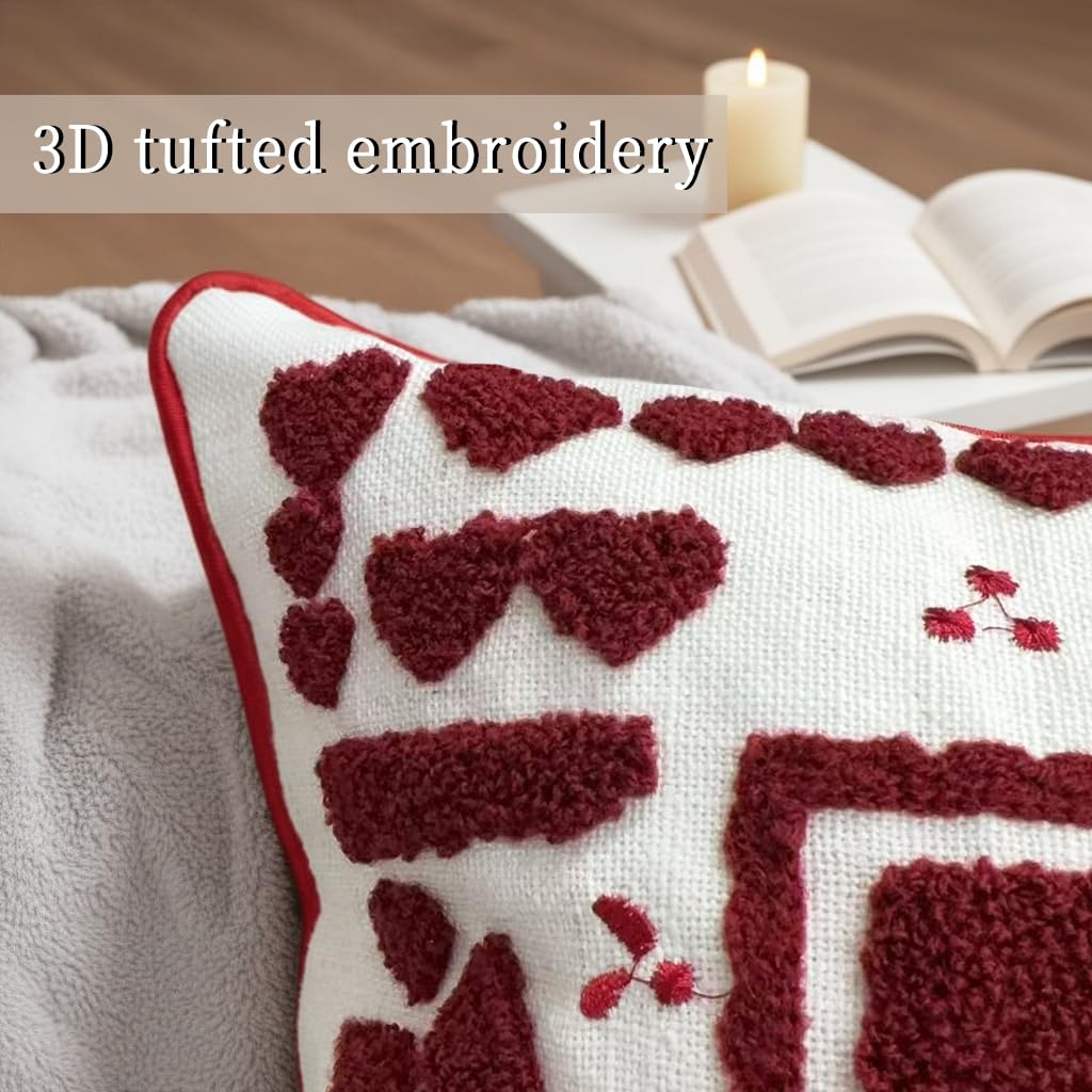 Christmas Throw Pillow Covers 18x18 Set of 2, Embroidered Gingerbread Man Cushion Covers with Snowflake Christmas Tree, Red White Holiday Decorative Pillow Cases for Sofa Couch Living Room Home Decor