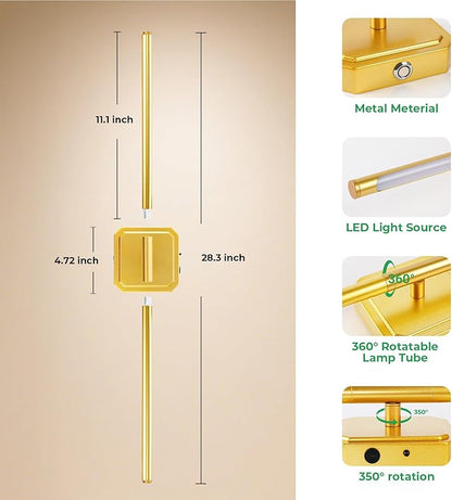 1 Pack 10000mAh Detachable Battery Operated Wall Sconce, 360°Rotate Wireless Wall Light,3000-6500K Dimmable, Rechargeable Wall Lamp for Bedroom, Living Room, 28.3 Inch Gold