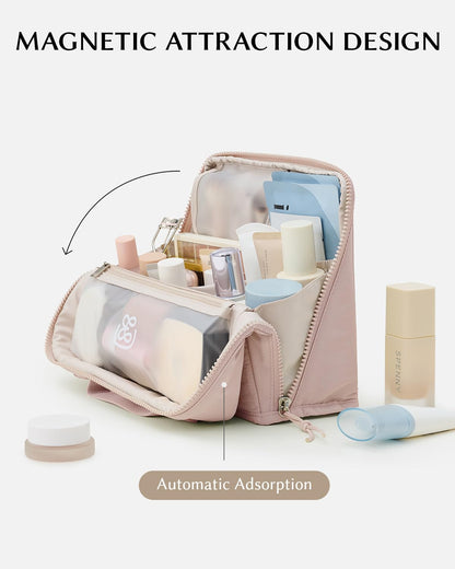 EACHY Standing Makeup Bag - Large Waterproof Cosmetic Bag & Toiletry Bag Organizer with Phone Holder, Detachable Dividers, Wipe-Clean Brush Pouch for Women