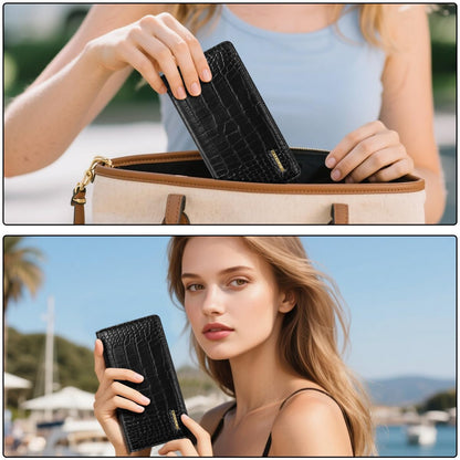 Simikol Wallet Women Bifold Faux Crocodile Leather Minimalist Slim Thin Long Wallets RFID Blocking Credit Cards Holder Purse with Back Zipper Coin Pocket for Women and Men,Black