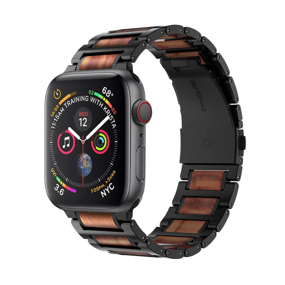 iiteeology Compatible with Apple Watch Band, Natural Wooden Steel Link Bracelet for iWatch Ultra 3/ Ultra 2/ Series 1-11 49mm 46mm 45mm 44mm 42mm - Black
