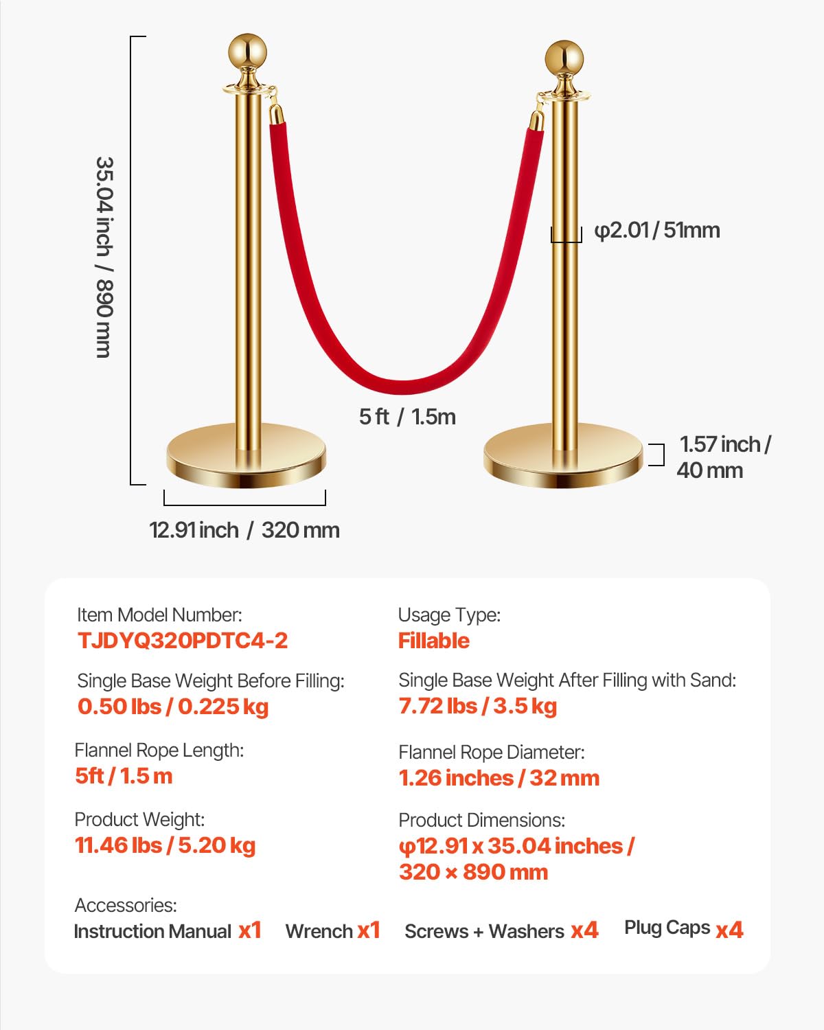 VEVOR Stanchions and Velvet Ropes 4Pcs, Hollow Base with Stainless Steel Post, 2 Red Velvet Ropes and Posts, Crowd Control Barriers Gold Stanchions, Red Carpet Runner Poles for Party Supplies