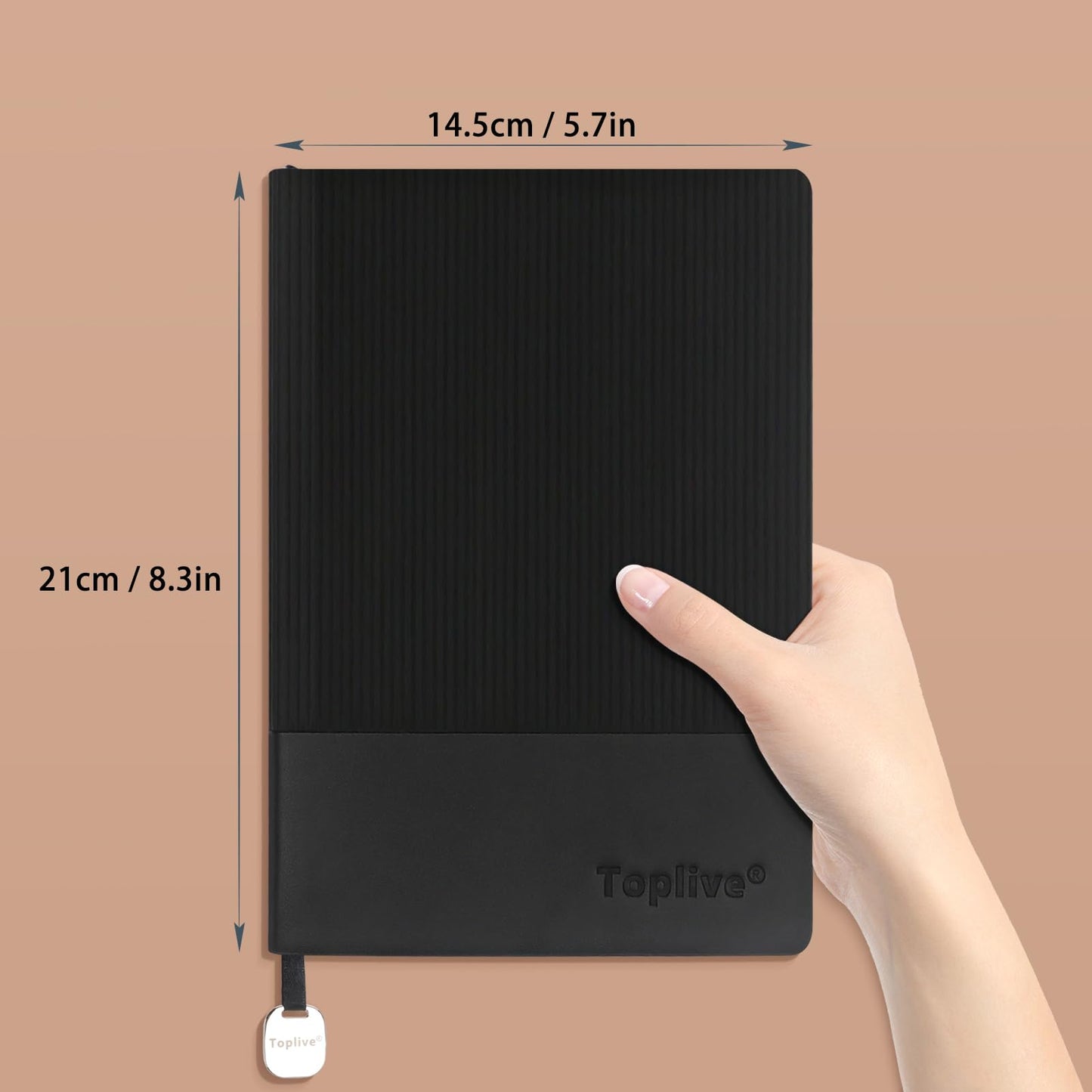 Toplive A5 Journal Notebook Soft Flexible Leather Cover, Premium Thick Lined and Blank Paper Double Layout 8.26" x 5.7" with Metal Bookmark, Black