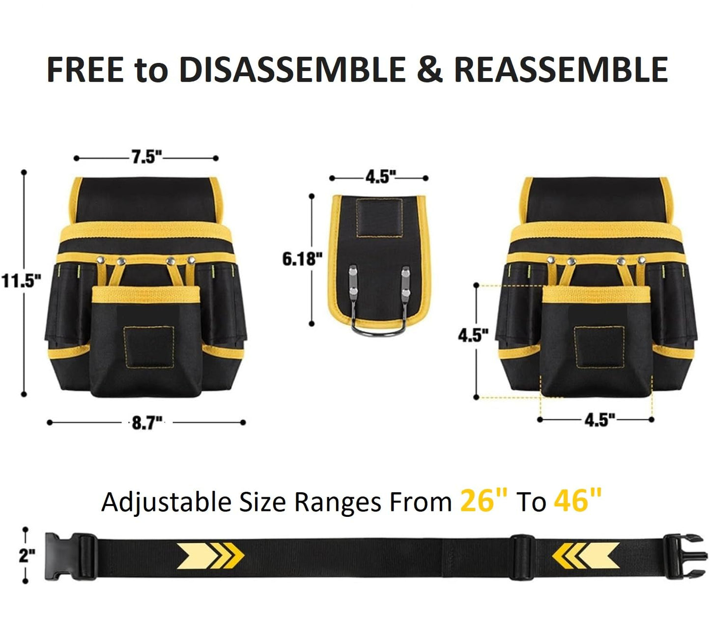 Tool Belt with 27 Pockets and 3 Magnetic Zones, Freely-Combinable, Heavy-Duty yet Lightweight Tool Pouch & Tool Belts for Men: Electricians, Carpenters,DIYers–A Great Gift Fathers and Husbands(Yellow)