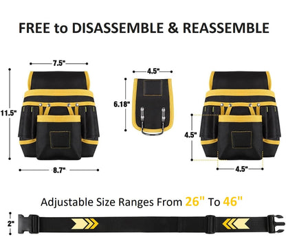 Tool Belt with 27 Pockets and 3 Magnetic Zones, Freely-Combinable, Heavy-Duty yet Lightweight Tool Pouch & Tool Belts for Men: Electricians, Carpenters,DIYers–A Great Gift Fathers and Husbands(Yellow)