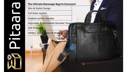 Pitaara Genuine Leather Messenger Laptop Bag For Men And Women, Black Briefcase, Fits Laptop Size 16", Unisex