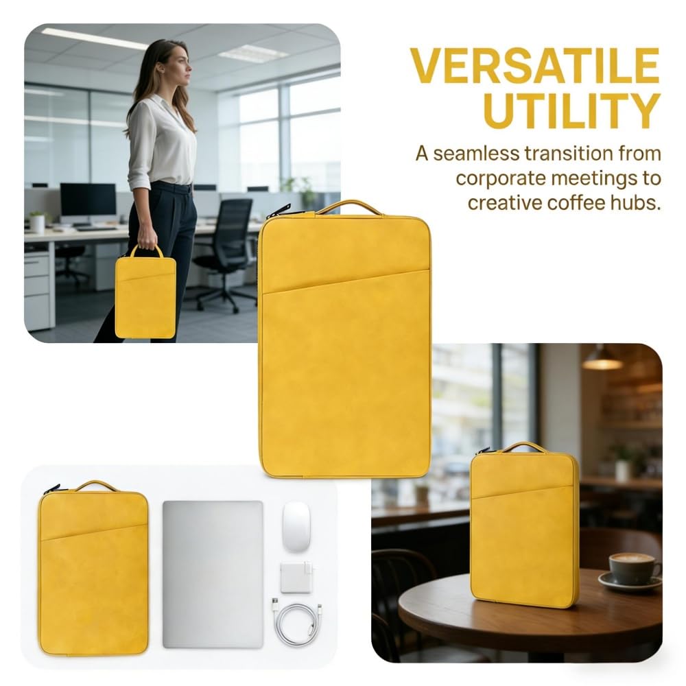 PU Leather Laptop Sleeve 14 inch, Slim Laptop Carrying Case Bag Computer Sleeve Cover Compatible with MacBook Air/Pro, HP, Dell, Lenovo, Asus(Yellow)