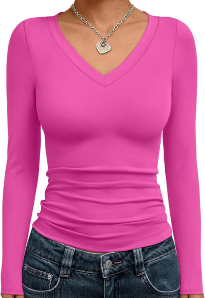 Trendy Queen Long Sleeve Shirts for Women 2025 Fall Fashion V Neck Basics Crop Tops Slim Fitted Y2K Tops Outfits Clothes
