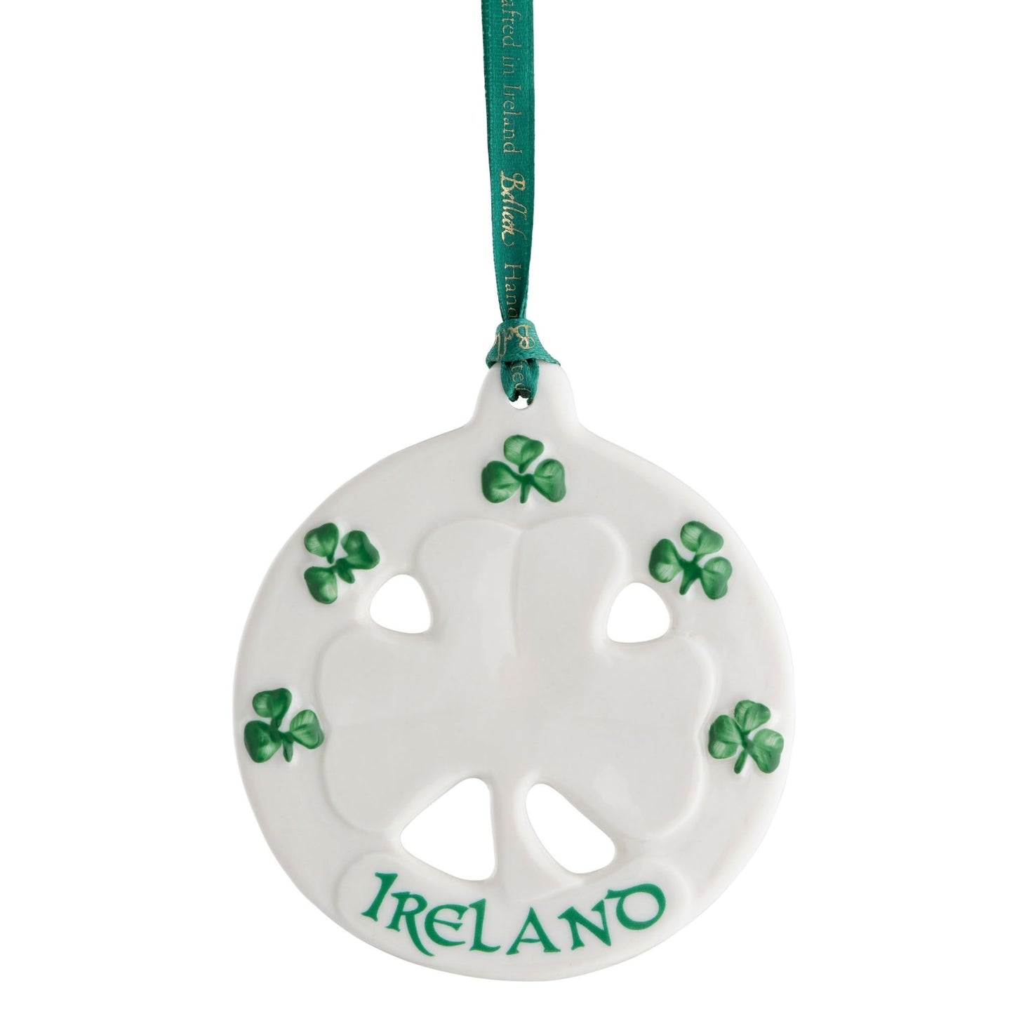 Belleek Classic Ireland Shamrock 3.8-Inch Hanging Ornament, Handcrafted Porcelain Christmas Tree Decor, White