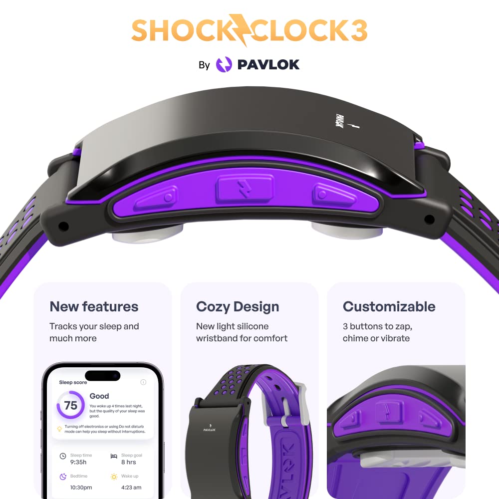 Pavlok Shock Clock 3 | Smart Alarm for Heavy Sleepers & Habit Breakers | Vibration, Beep & Safe Zap Wake Up | App-Controlled | Waterproof & Sweatproof | Silent Alarm for Couples | 1-Year Warranty