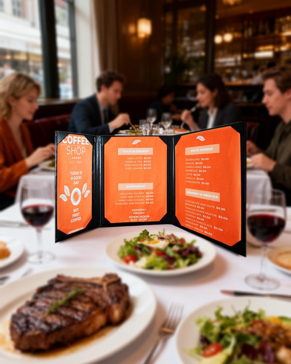 Goodsmart Columbia Casebound Leather Menu Covers, 5 Pack, 2 View 8.5" x 11", 1 View 4.25" x 11" Black Premium Faux Leather Restaurant Menu Holders, 3-View with Interior Album Corners