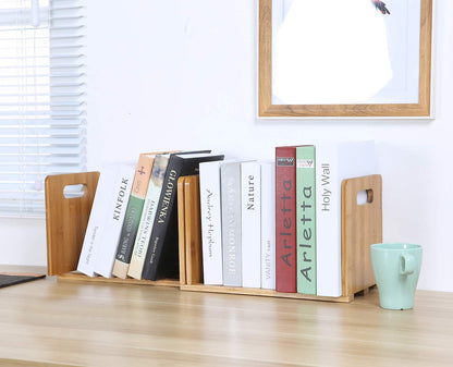 Salafey Expandable Desktop Bookshelf,Bamboo Desktop Bookcase,Mini Bookshelf Organizer Tabletop Bookshelf for Office Home Tabletop