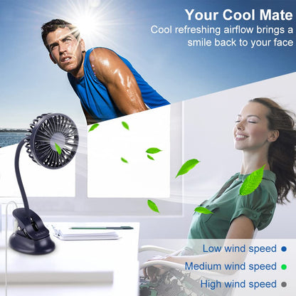 Mikikin Clip on Small Mini Fan, Portable Usb Battery Operated Rechargeable Quiet Personal Desk/ Baby Stroller Fan 3 Speeds Flexible Neck Great for Bed Office Car Dorm Travel Camping Beach