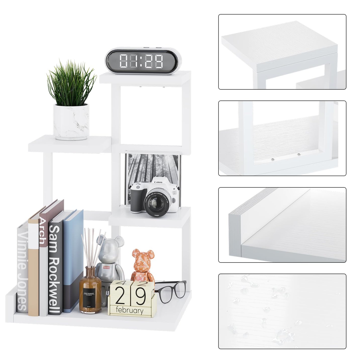 YMYNY Desktop Shelf Organizer, 4 Tier Storage Display Rack, Desk Shelf Organizer Small Bookshelf with Metal Frame for Office, Books, Plants, 12.2" x 9.45" x 17.52", White UHSR007W