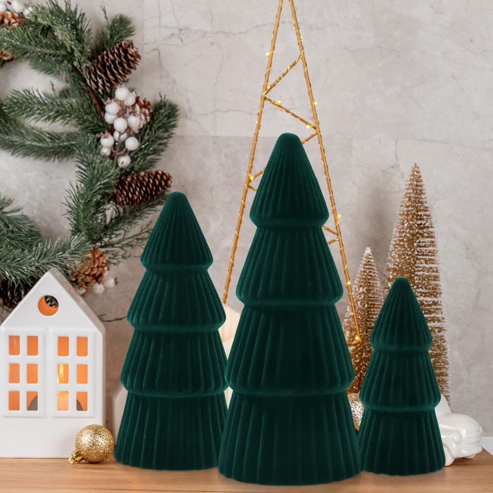 JOICEE Christmas Decorations Indoor, 3 Pcs Velvet Ceramic Christmas Trees Green Modern Cone Tabletop Trees for Xmas Winter Home Room Holiday Decorations Entryway Table Mantel Centerpiece Decor