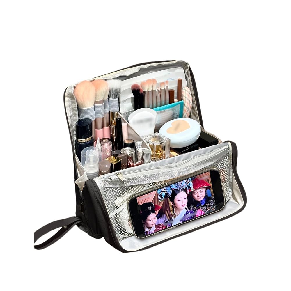 Geelraqaly standing Makeup Bag, Compact Yet Spacious Cosmetic Organizer, Waterproof Toiletry Bag with Divider, Brush Holder, Upright Design & Phone/Mirror Holder, Portable Travel Case,black