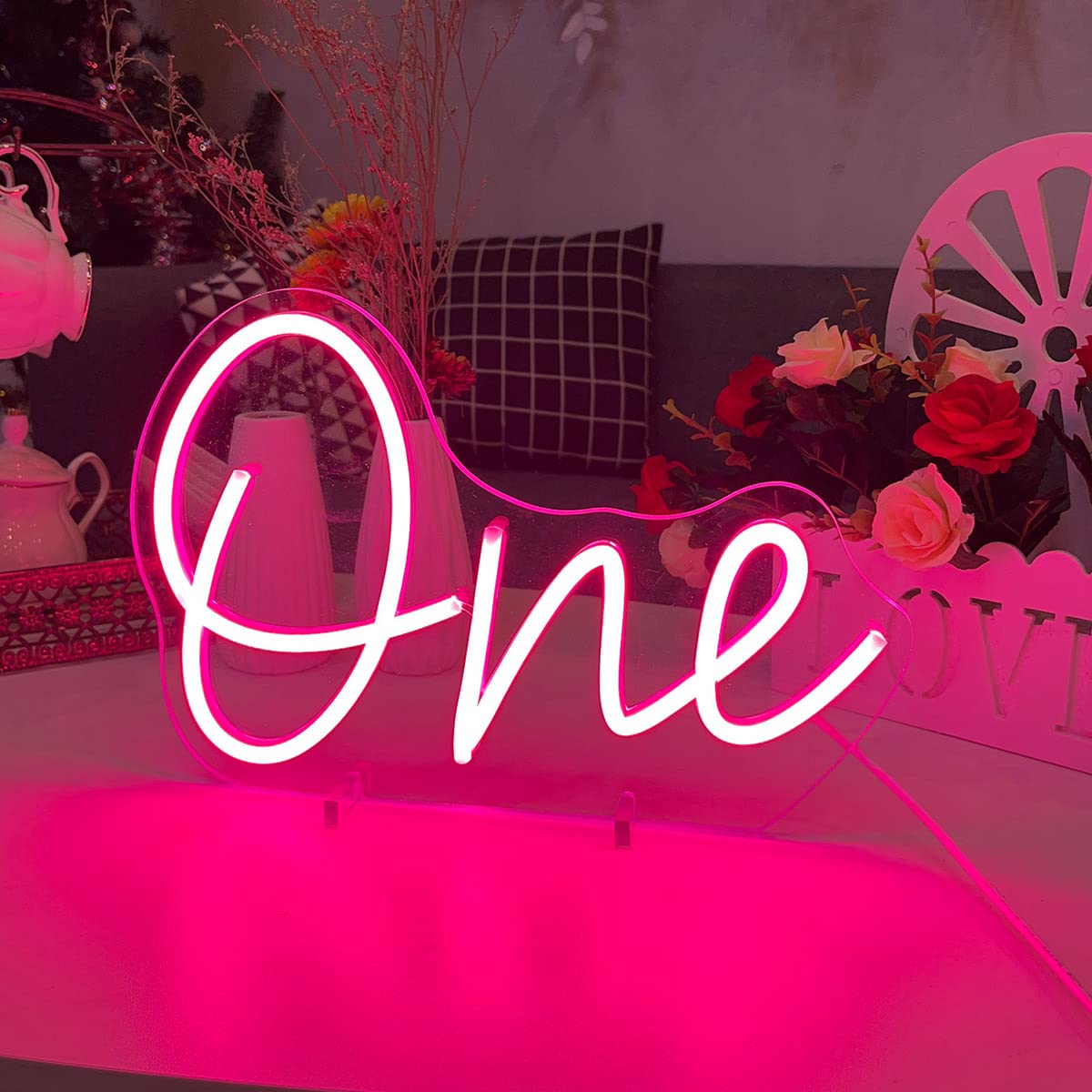 One Baby Birthday Neon Sign Table Number,Desk Lamp Night Light LED Neon Sign Custom Number Letter Sign Wedding Table Decorations Neon Light Bedroom Home Room Decor Christmas Party Pink USB 28.8×19.6CM