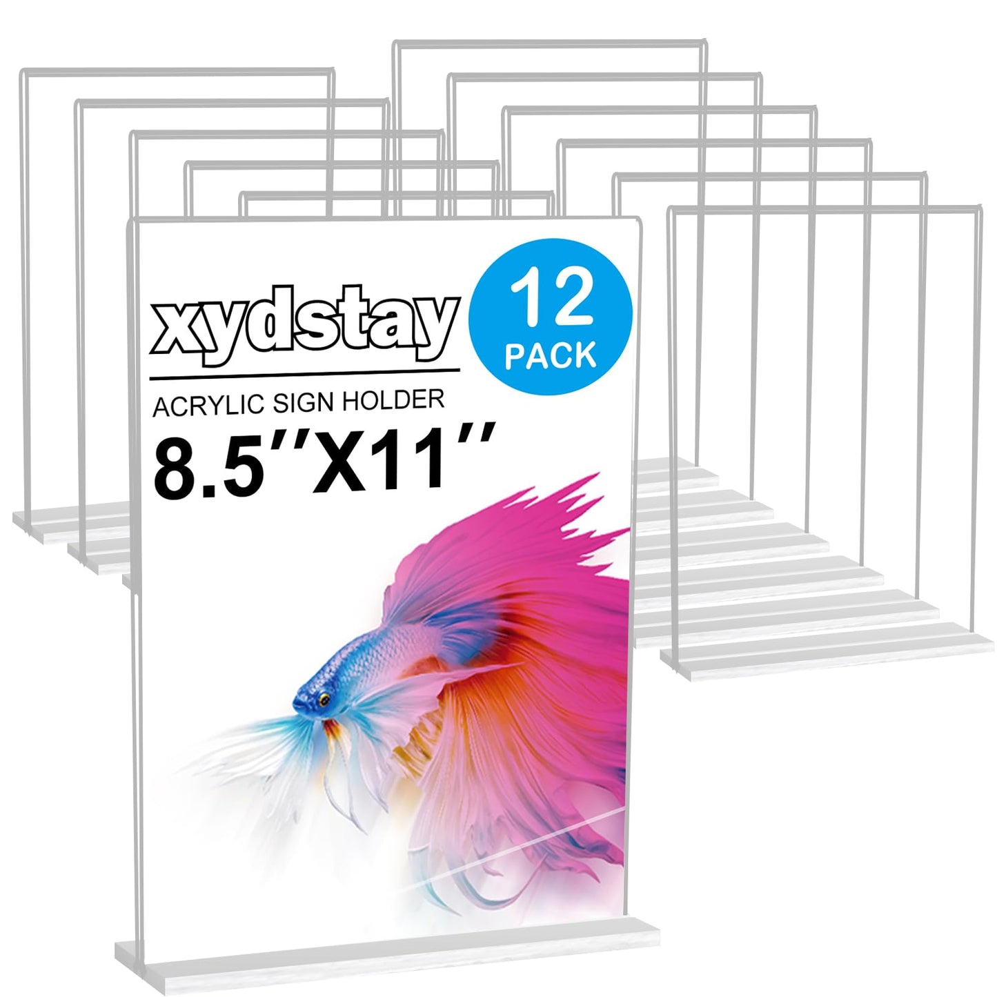 xydstay 12pack Acrylic Sign Holder 8.5 X 11, Vertical T Shape Clear Plastic Paper Sign Holder, Menu Holder Display Stand, FLyer Table Sign Holder for Restaurant, Office, School, Store and Home Use