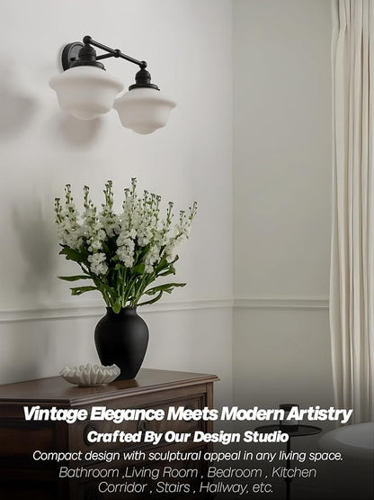 Vintage 2-Lights Wall Sconce Lights Black Bathroom Vanity Light with Milk Glass Double Sconce Wall Mounted Lamp for Bedroom Living Room Bathroom Mirror Kitchen Hallway Hardwire