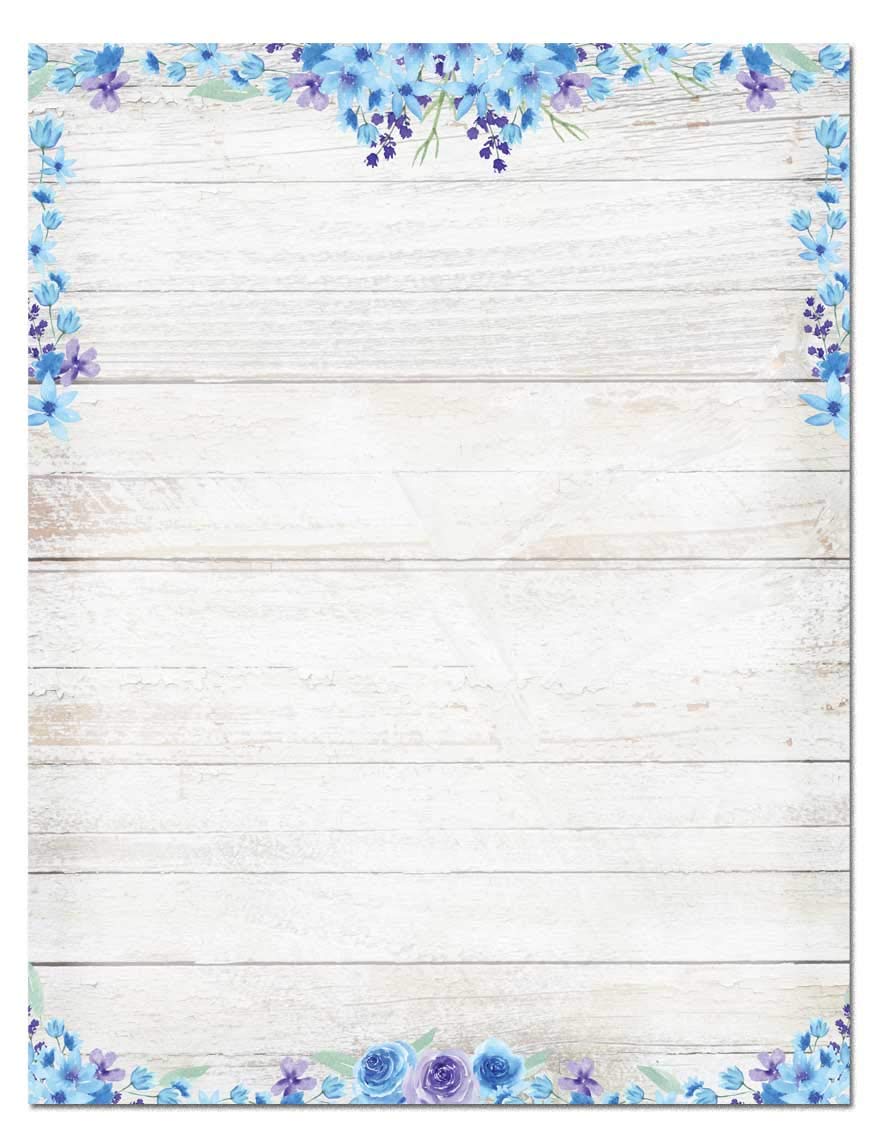 Blue Floral Rustic Stationery - 8.5 x 11-60 Letterhead Sheets - Border Letterhead (Blur Floral)