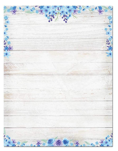 Blue Floral Rustic Stationery - 8.5 x 11-60 Letterhead Sheets - Border Letterhead (Blur Floral)