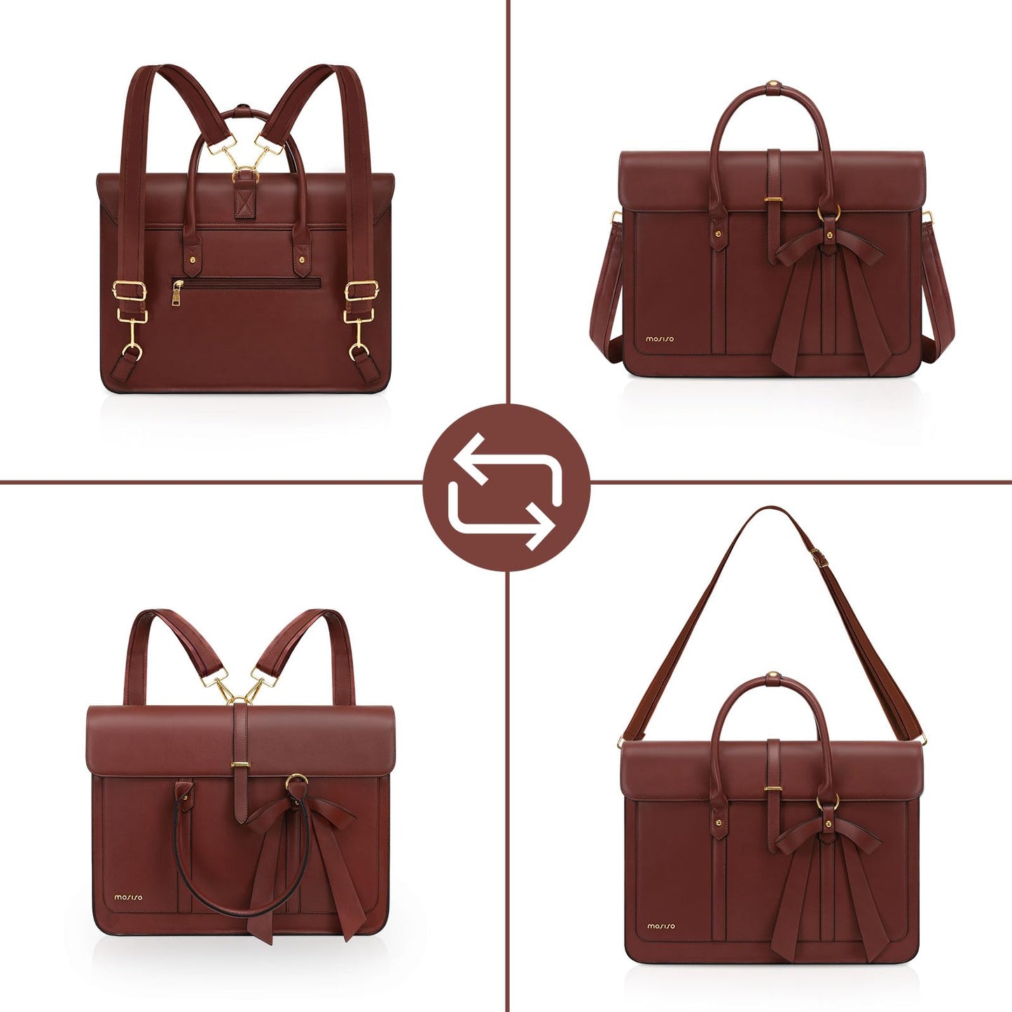 MOSISO Laptop Bag for Women, 17 inch PU Leather Laptop Shoulder Bags Convertible Backpack, 17.3 inch Messenger Bags Casual Handbag Work Briefcase Travel Computer Bag with Bowknot, Brown