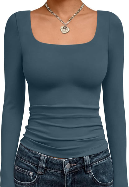 Trendy Queen Womens Long Sleeve Shirts Crop Tops Fall Fashion 2025 Square Neck Going Out Basics Tees Y2k Clothes