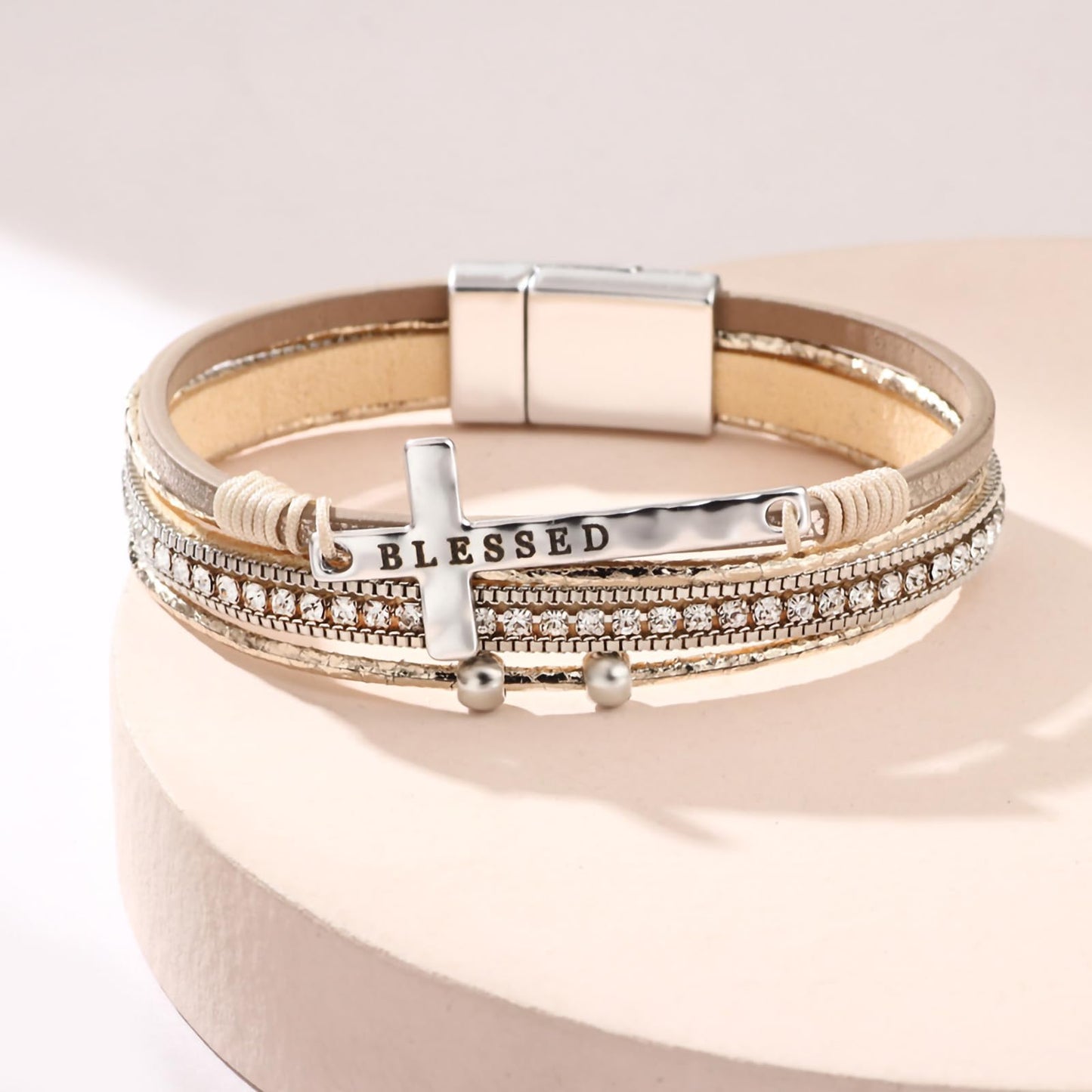 Leopard Bracelet for Women, Boho Leather Wrap Multi-Layer Pearl Crystal Bracelet Bangle Jewelry (Blessed Cross(Khaki))