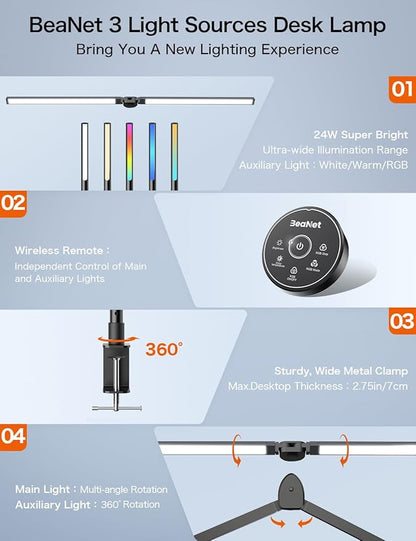 LED Desk Lamp with Clamp,Architect Desk Lamp for Home Office,24W Ultra Bright with RGB Atmosphere Lighting,Remote Control,5 Color Modes & 5 Dimmable Eye Protection for Monitor Studio Reading