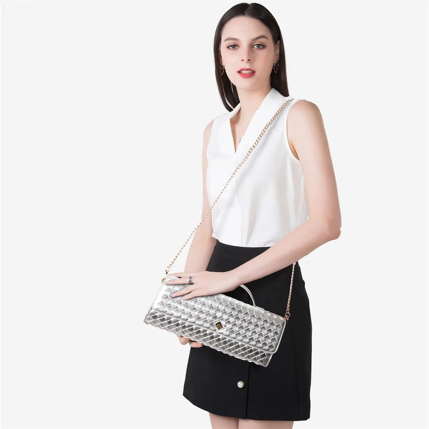VESTURINA Clutch Purses for Women, Woven Evening Leather Crossbody Purse Shoulder Bag for Wedding Party (Beige)