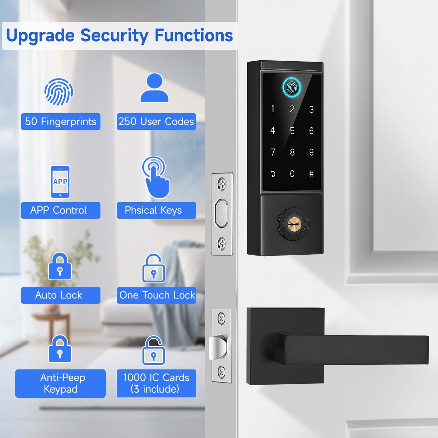 BEBASIA APP Control Fingerprint Lock with Handle, Heavy Duty Smart Keyless Entry Front Door Lock Set, Keypad Deadbolt with Lever Handles, Smart Locks for Front Door, Anti-Peeping Password Black