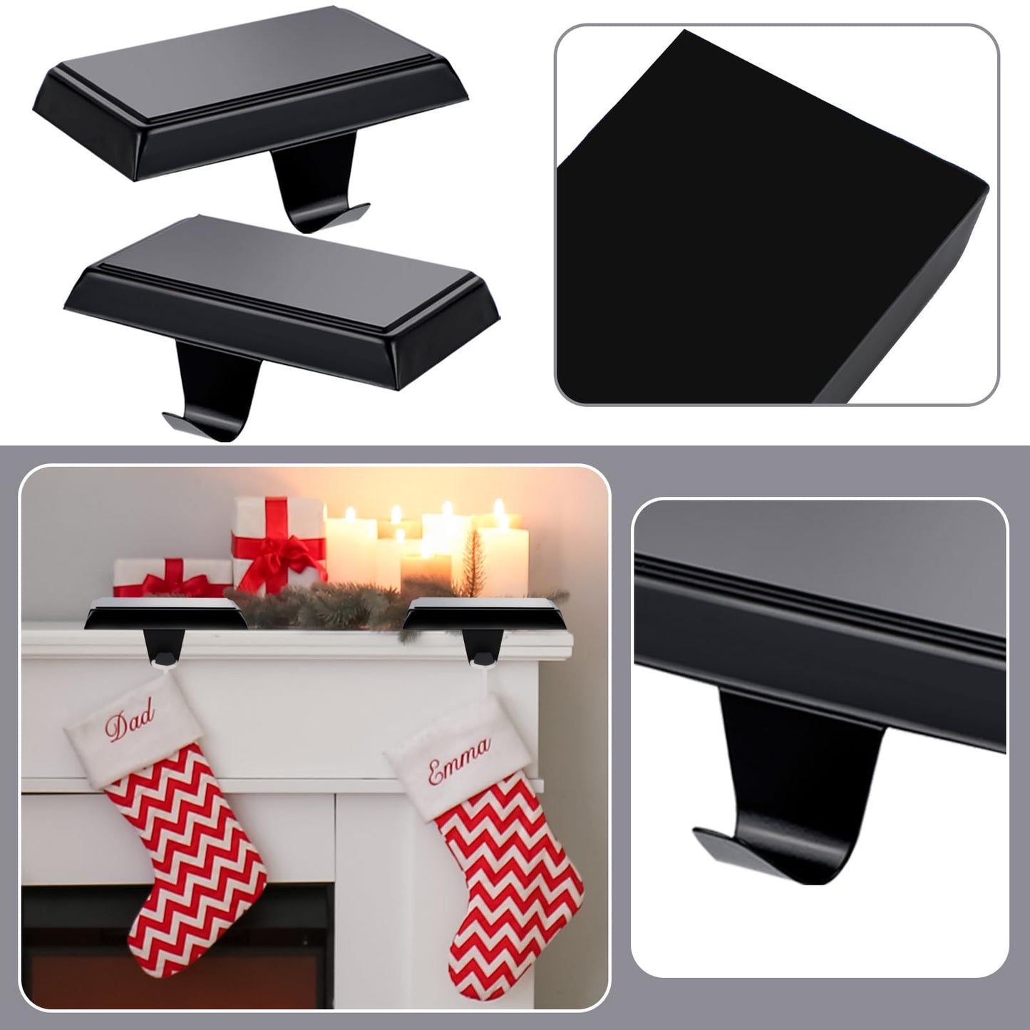 WYTAOHZL 6PCS Christmas Stocking Holders Metal Hangers Mantle Hangers Hooks Stocking Holder for Holiday Xmas Fireplace Stair Indoor Decor Black