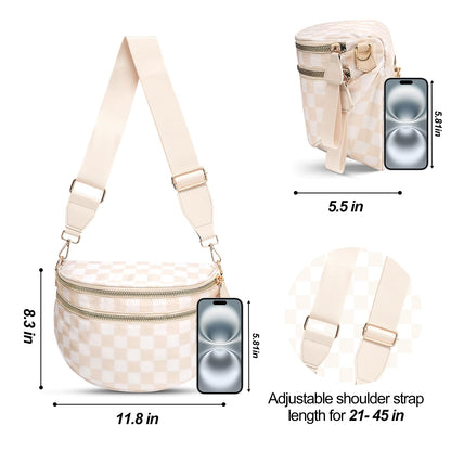Checkered Crossbody Bag,Nylon Bum Bags for Women Crossbody,Spacious Sling Bag Purse Fanny Packs with Shoulder Strap