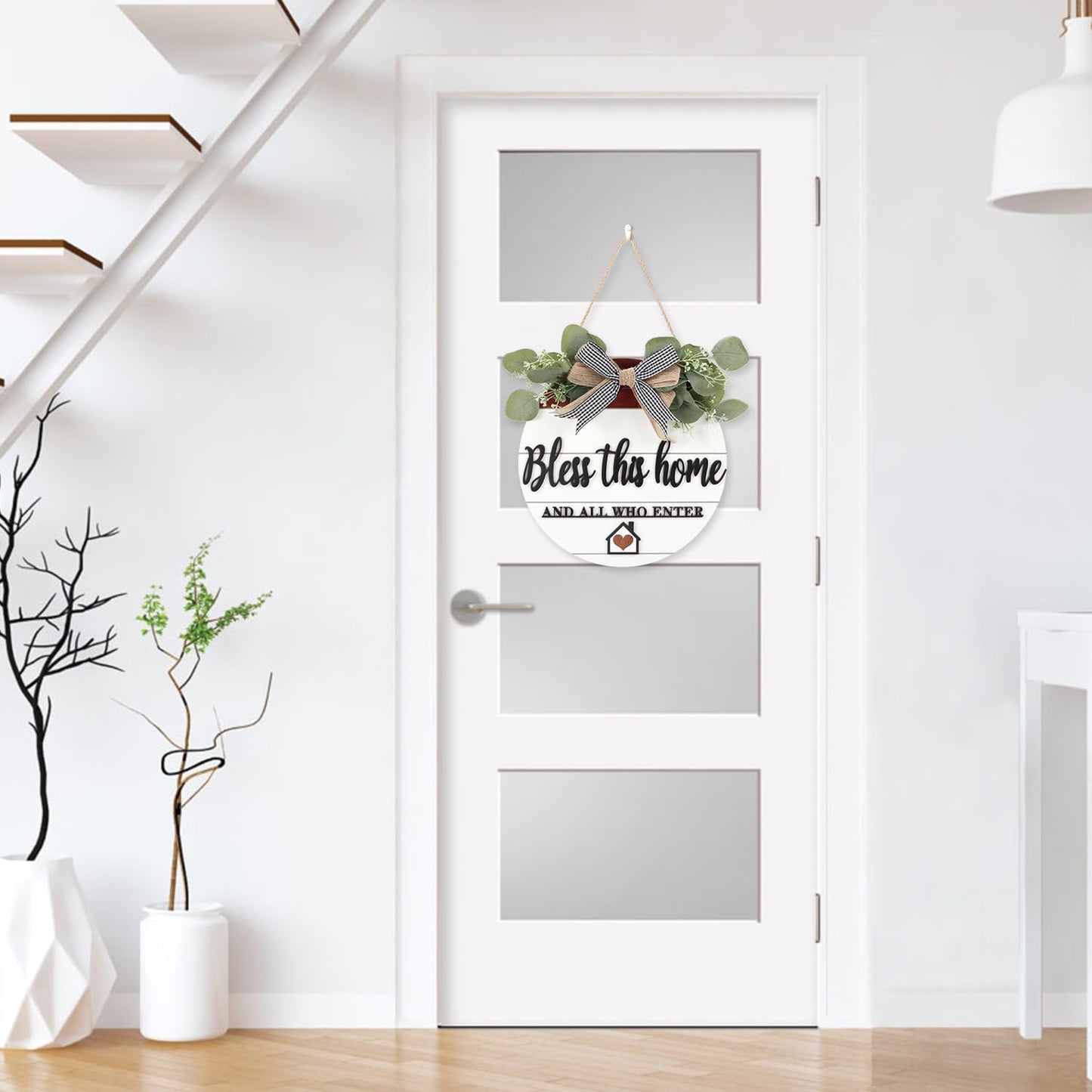 TOARTi 3D Bless This Home Wooden Door Sign Hanging, Welcome Porch Wall Sign with Bow-Knot Wreath, Bless This Home and Who Enter Sign Housewarming Gift for Kitchen/Entryway/Porch/Front Door