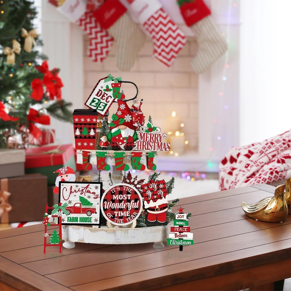 FRANDEK 14Pcs Christmas Tiered Tray Decoration Set, Wooden Winter Holiday Decor with Santa Gnome Sock Designs, Fireplace Mantel Centerpiece Decorations for Home Shelf Fireplace Kitchen Home Party
