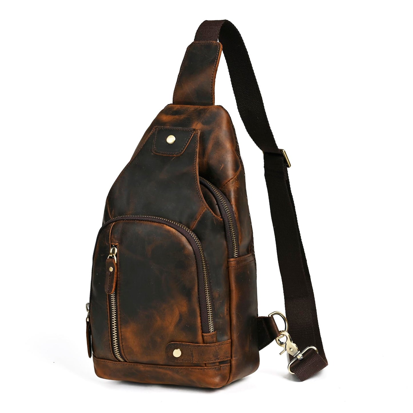 Handadsume Thick Crazy horse Leather Triangle Crossbody Sling Chest Bag Travel One Shoulder Bag Daypack For Men Male 3028 (8066 brown)