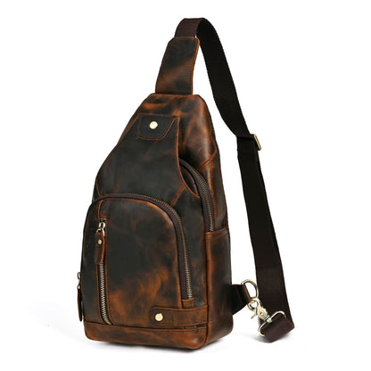 Handadsume Thick Crazy horse Leather Triangle Crossbody Sling Chest Bag Travel One Shoulder Bag Daypack For Men Male 3028 (8066 brown)