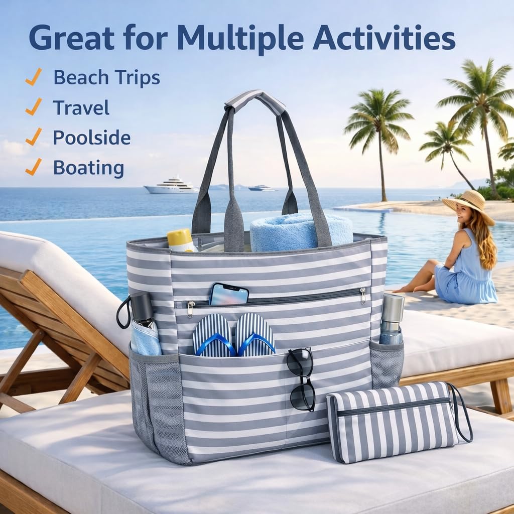 Waterproof Sandproof Beach Tote Bag for Women, Large Foldable Beach Bag with Zipper & Pockets, Packable Travel Pool Bag, Cruise Beach Bag Carry-On for Vacation, Gym & Beach, 9 Smart Pockets (Grey)