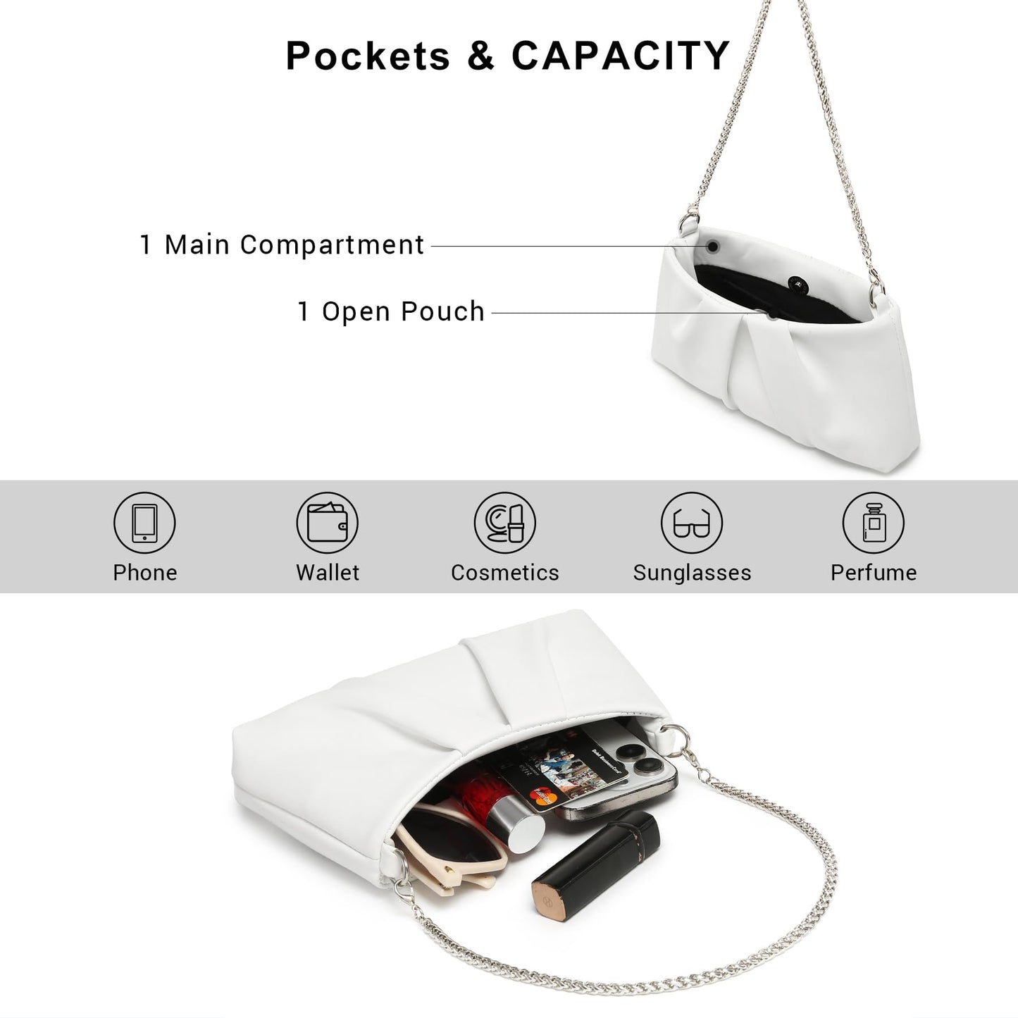 Dasein Elegant Pleated Evening Bag Soft Vegan Leather Clutch Purse Dressy Formal Handbag with 2 Chain Straps for Women (White)