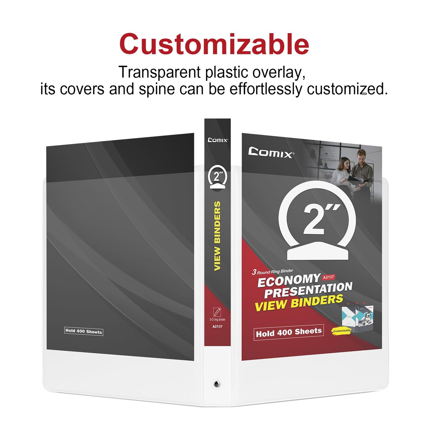 Comix Sturdy 3 Ring Binder 2 inch with Clear View Cover, 2" Round Ring View Binder, PVC-Free, 2.4mm-Thick, 450 Sheets Capacity of US Letter Size Paper, Office ＆ School Supplies, Pack of 6 (White)