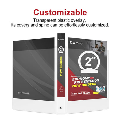 Comix Sturdy 3 Ring Binder 2 inch with Clear View Cover, 2" Round Ring View Binder, PVC-Free, 2.4mm-Thick, 450 Sheets Capacity of US Letter Size Paper, Office ＆ School Supplies, Pack of 6 (White)