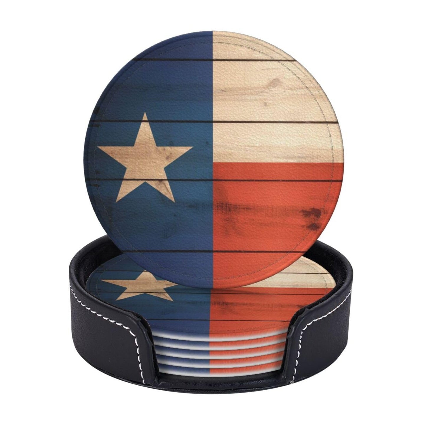 Keeawou Wood Texas Flag Leather Drinks Coasters with Holder, Set of 6, Suitable for Various Cups