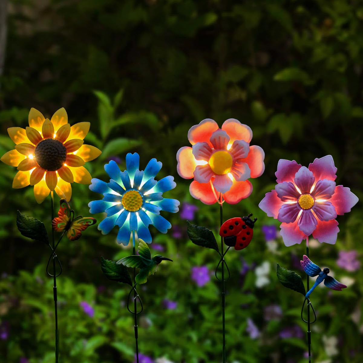 4 Pack Outdoor Solar Lights,Outdoor Waterproof Metal Art Stick Flowers,Garden Decor for Women Mom Grandma Halloween Hanging Metal Stakes Lights for Garden,Lawn,Patio